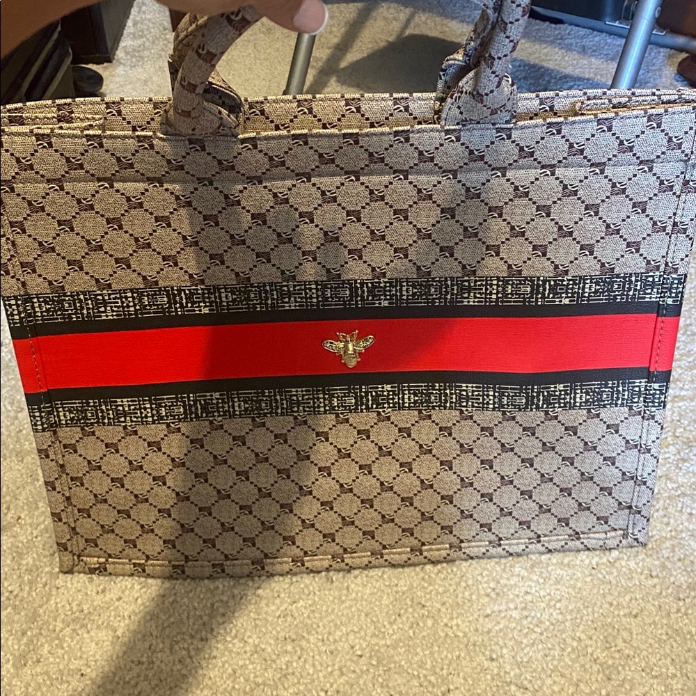 Designer-Inspired Tote Bag with Red Stripe - Picture 2 of 4